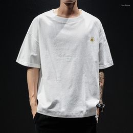 Camisetas para hombre, camiseta de manga corta de verano, camisetas informales de algodón y lino para hombre, camisetas holgadas transpirables con bordado de Hip Hop