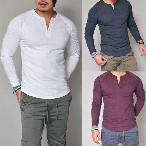 T-shirts pour hommes été Slim Fit col en V T-shirts courts décontracté hauts solide à manches longues Muscle Tee vêtements quotidiens 220920