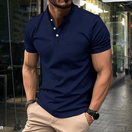 T-shirts d'été pour hommes, chemise de couleur unie, manches courtes, col en V, boutons à revers, mode décontractée, haut d'affaires formel