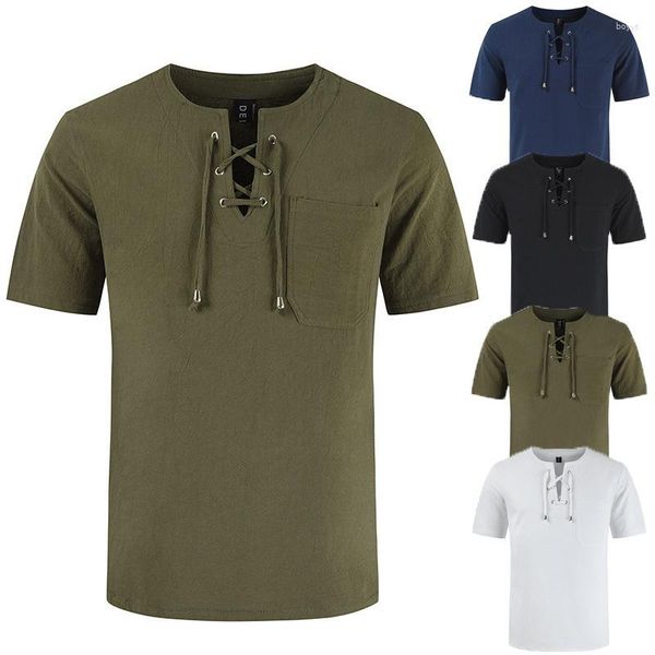 Hommes t-shirts été rue à manches courtes T-shirt coton laçage décontracté médiéval hommes chevalier Costume mode rétro