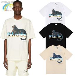 Camisetas para hombres Verano Streetwear Leopardo Impresión Colorida Rhude Camiseta Hombres Mujeres Sueltas Negro Blanco Albaricoque Rhude Manga corta