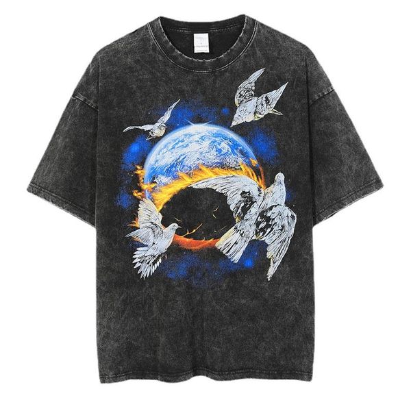 T-shirts pour hommes été Streetwear Pigeon Earth Print E T-shirt ample à manches courtes Tide Brand Harajuku Style Hip-hop TopMen's
