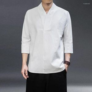 Mannen T-shirts Zomer Dunne Hanfu Oude Stijl 3/4 Mouwen Effen Kleur Kung Fu Kleding Harajuku Top Chinese Katoen linnen Shirt Mannen