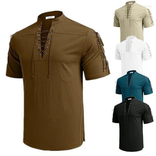 Camisetas para hombre, camisa de verano con cuello en V, camiseta de manga corta, camisetas transpirables informales de algodón y lino con Led para hombre