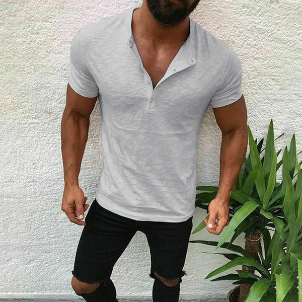 T-shirts pour hommes T-shirt à col en V d'été pour homme Sportswear pour hommes Tunique Sexy Tops Mode Chemise à manches courtes Bouton Vêtements Pull