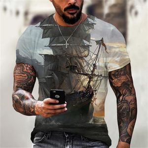 T-shirts pour hommes été Vintage navire T-shirt 3D imprimé Pirate officier cou à manches courtes chemise surdimensionné décontracté mode haut vêtements