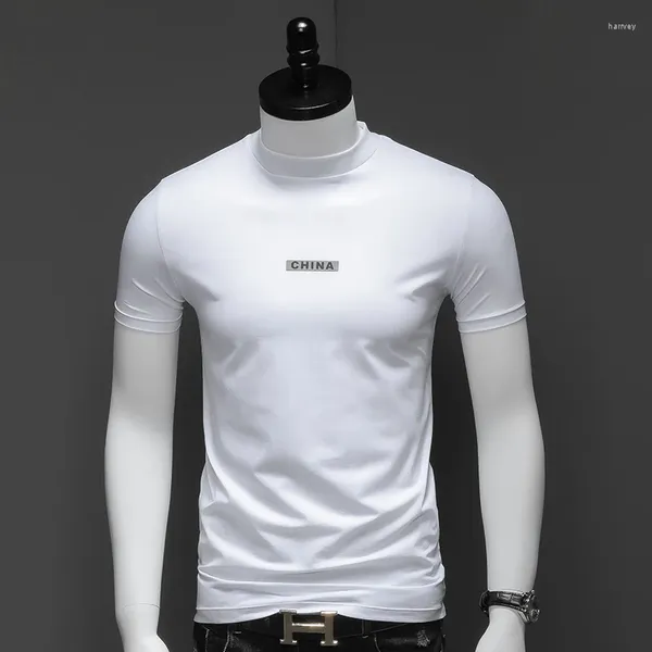 Camisetas para hombre, camiseta blanca de verano, camisa de manga corta con cuello alto pequeño para hombre, camiseta ajustada con estampado de letras de China