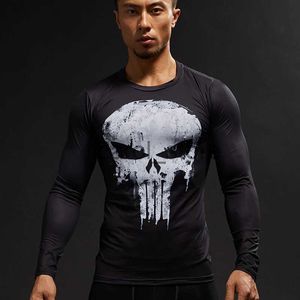 Camisetas para hombres Superhéroe Punisher Camiseta deportiva de manga larga Entrenamiento Compresión 3D Entrenamiento de secado rápido Correr para hombres Gimnasio Fitness Top Rashgard J231121