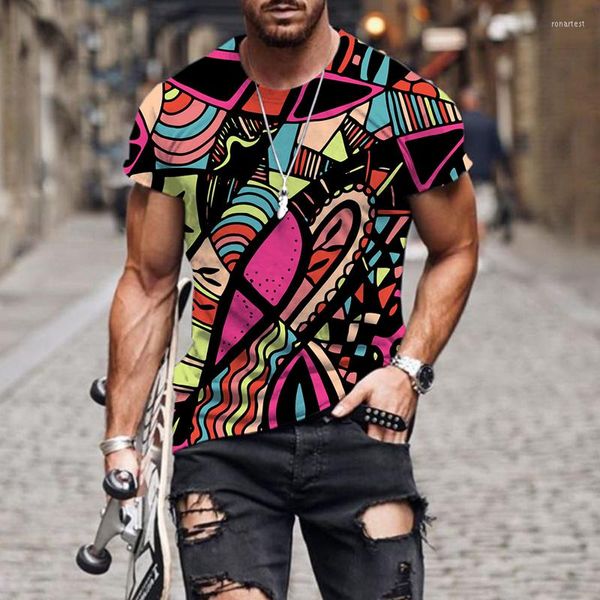 Camisetas para hombre, camiseta con estampado de grafiti abstracto, camiseta con letras geométricas a rayas, moda urbana de ocio 2022