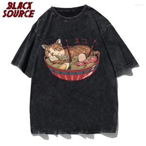 Camisetas para hombre, camiseta básica con estampado de manga corta, Top de Anime japonés Genki Cat Series, camisa cómoda juvenil con cuello redondo, informal