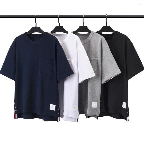 Camisetas para hombre, camiseta de marca con cuello redondo, algodón a rayas, cuatro barras, versión coreana de absorción de sudor, manga corta de ocio