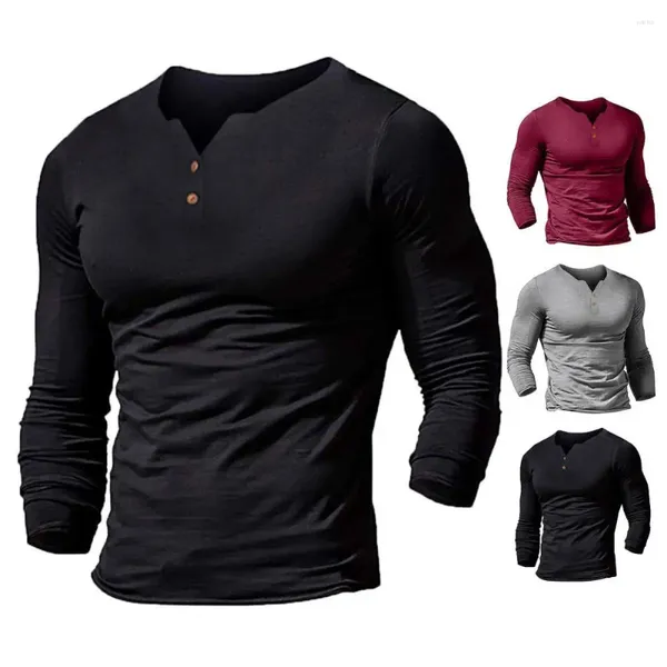 T-shirts pour hommes T-shirt Boutons Automne Top Col V Casual Hommes Grande Manches Longues Mâle Automne Pour Le Travail