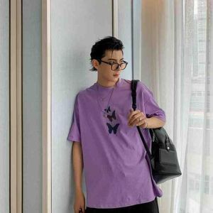 T-shirts pour hommes T-shirt en coton de style Hong Kong à manches courtes Tide Brand Tendance Loose Five-point Sleeve Butterfly Reflective Printing Shirt