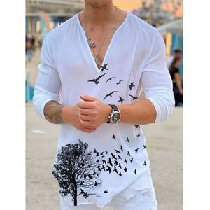 T-shirts T-shirt voor heren met lange mouwen diepe v-hals tops Bird Dragonfly Printing Oversized Tees Streetwear Losse pullover lente herfst 230131