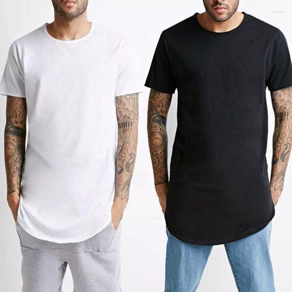 Herren-T-Shirts, T-Shirt, lockeres Hip-Hop-Hipster-Longline-Hemd, übergroßes Kurzarm-Streetwear-Swag-Saum-Solid-T-Shirt, Tops, T-Shirt, männlich, Stoff