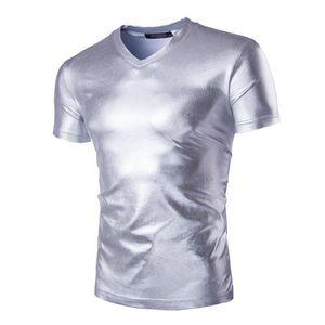 Camisetas para hombre, Camiseta de Club nocturno metálico plateado brillante para hombre, ropa de calle informal Harajuku, Camiseta ajustada de manga corta para hombre