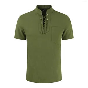 T-shirts pour hommes T-shirt d'été pour hommes Blouse à manches courtes en coton et lin cravate couleur pure loisirs col en V hauts Camiseta Masculina