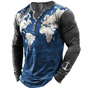 T-shirts pour hommes T-shirt Vintage Henley à manches longues graphique 3D imprimé décontracté surdimensionné Streetwear printemps bouton coton