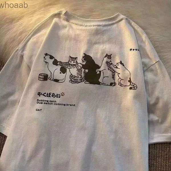 Camisetas para hombres Camiseta para mujer Pareja fresca Y2K Harajuku Dibujos animados lindo gato estampado O-cuello de manga corta camiseta de gran tamaño Tops Ropa estética 240130