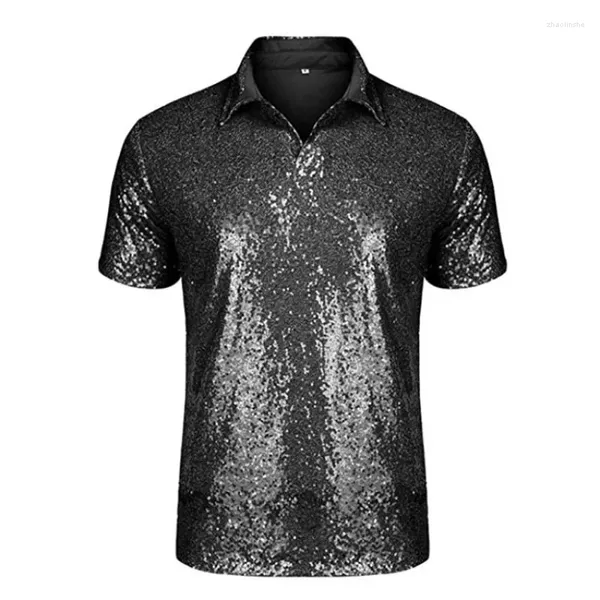 Camisetas para hombre, camisetas a la moda, pantalón corto informal de manga brillante con lentejuelas, Polo para hombre, camiseta de fiesta de discoteca de los años 70