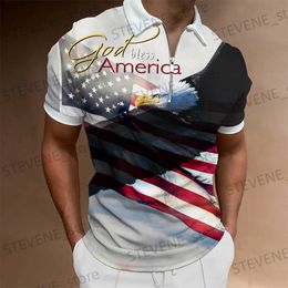 T-shirts hommes T-shirts hommes vêtements polos strt drapeau américain imprimé décontracté court slve hauts chemise nouveau col rabattu vêtements à glissière T240325