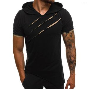 Heren t shirts t-shirts mannen korte mouw gescheurde onregelmatige zoom slank blouse t-shirt fitness hoodie
