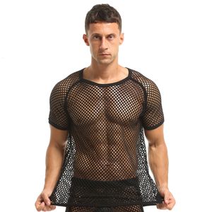 Heren T-shirts T-shirts Sexy herenkleding Mode See Through Mesh Transparant Fishnet Tops Zwart Korte mouw Fitness Gymkleding Slank overhemd 230608