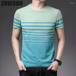 Camisetas para hombre, camisetas de la marca Zhuishu 2023, camiseta a rayas de verano, camisetas informales de manga corta, ropa masculina de gama alta, camiseta clásica con cuello redondo para hombre