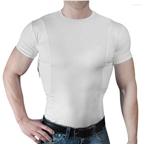 T-shirts pour hommes T-shirt tactique à manches courtes Chasse d'été Chanter Muti-poches Undershirt Gun Holster Invisible O-Cou Slim Tees 5XL
