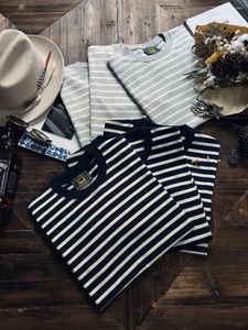 T-shirts pour hommes Tailor Brando 265g coton sans couture baril tissage ras du cou rayé seersucker vintage classique à manches courtes t-shirt