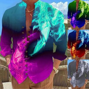 Camisetas de hombre Tan Camisa de manga larga Hombres Hombres Ocio junto al mar Botón suelto Stand Collar Digital 3D Mameluco Pantalones cortos Grandes para