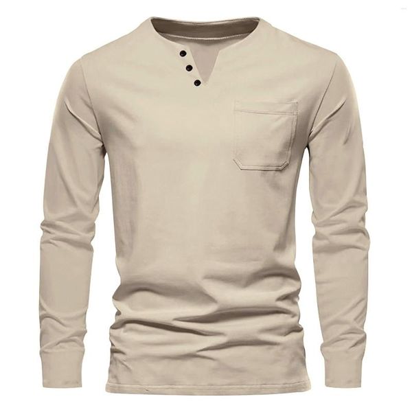 T-shirts pour hommes Tee pour hommes Chemise de poche Sports de plein air Fitness Henley-chemise à manches longues Bas Top Esthétique T-shirts masculins Style rétro