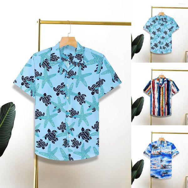 Camisetas para hombre Camiseta Gruesa Playa Rayas Coloridas Impreso Manga corta Puños Botón Puerto Estilo Floral Abajo