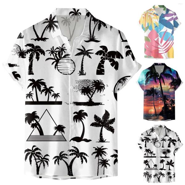 Camisetas masculinas camiseta top viscosa moda para hombres casual estilo hawaiano con botón digital estampado manga corta