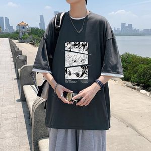 Heren t shirts tieners valse twee stukken anime print tees voor 2023 zomer oversized kleding mannen hoge kwaliteit plus size grafisch streetwear