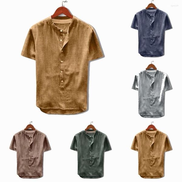 Camisetas para hombres TELOTUNY, camiseta a la moda para hombres, blusa informal de lino y algodón con botones de verano 2022, manga corta de un solo pecho