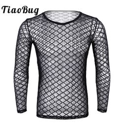 Camisetas de hombre TiaoBug Men Mesh See-Through Fishnet Sheer T-Shirt Jersey de manga larga Club Party Camiseta interior Negro Blanco Transparente Sexy Tops 230608