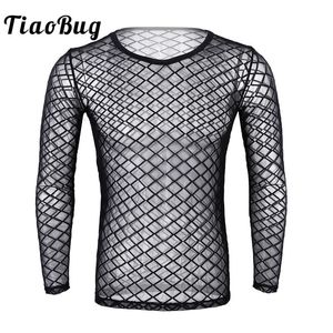 T-shirts pour hommes TiaoBug Men Mesh See-Through Fishnet Sheer T-Shirt Long Sleeve Pullover Club Party Undershirt Noir Blanc Transparent Sexy Tops 230608