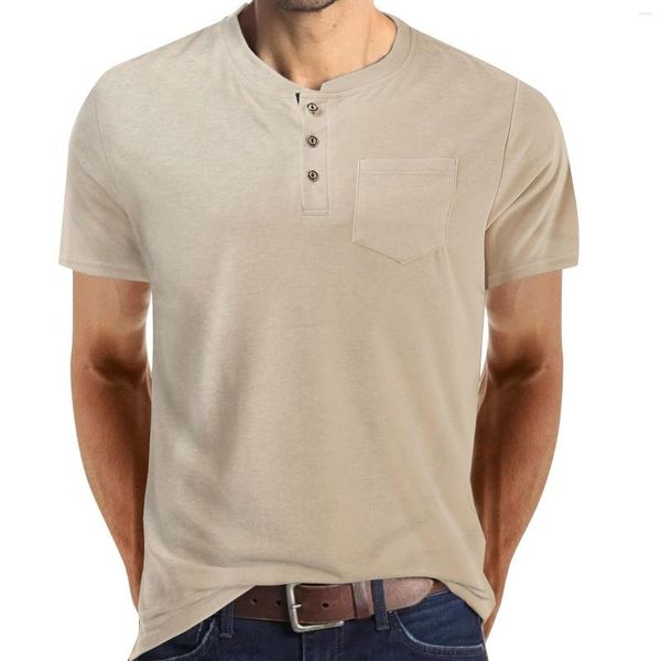 T-shirts pour hommes Entre-chemises masculines printemps d'été masculin confortable chemise légère de couleur solide poche courte coton homme profond V cou