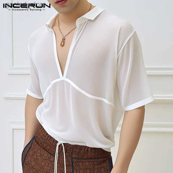 Camisetas para hombres Top 2024 Coreano Sexy para hombre Profundo con cuello en V Mini Diseño transparente Camiseta Casual para hombre de manga corta Camisetta S-5XL Q240316