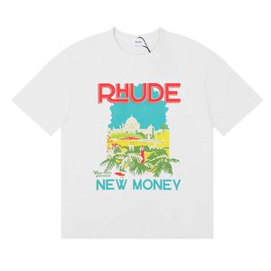 Camisetas de hombre Artesanía superior Rhudes moda de verano 2023 RHUDE Windowsil Castle Árbol de coco Alféizar de ventana Paisaje Hilo doble Algodón puro Casual