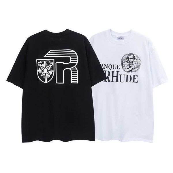 T-shirts pour hommes Top Artisanat Rhudes été Créateur de mode RHUDE espace-temps anime élément impression lâche manches courtes couple américain couche de base demi-manche