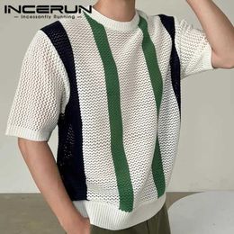 T-shirts masculins Tops 2023 Corée Mentide Mentille Colorful Stripe O Camisetta Casual Hollow Shold à manches courtes S-5XL Q240515