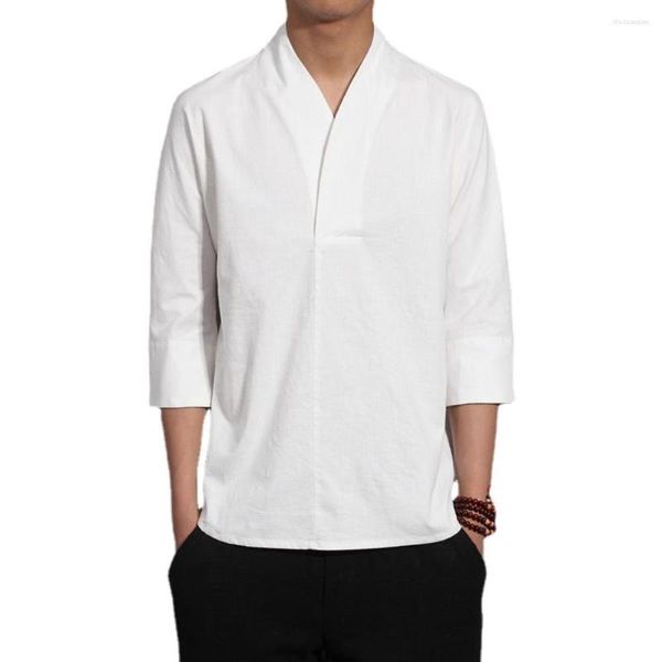 Camisetas para hombres Tradicional Chino Algodón Lino Con Cuello En V Hanfu Suelto De Gran Tamaño Para Hombres Camiseta Moda Masculina