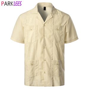 Camisetas para hombre Cuello de campamento cubano tradicional Guayabera Manga corta Bordado Estilo caribeño mexicano Playa con 4 bolsillos 230317