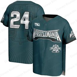 Uniforme de entrenamiento de camisetas masculinas para 2024 New Arriavl Vintage Vintage Prosphere WrestleMania 40 Fan de jersey de béisbol de botón completo Camisa especial T240506