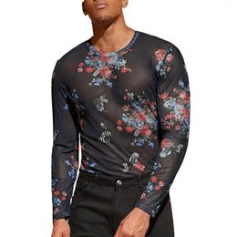 T-shirts pour hommes Chemise masculine transparente Chemise en maille noire Stretch à manches longues à fleurs Fond élégant Maillot de corps de fête