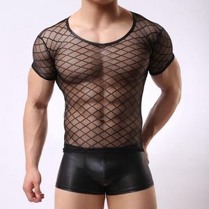 T-shirts pour hommes T-shirt en maille transparente pour hommes Chemise à col en V à manches courtes à carreaux Maillot de corps sexy Singlet Homme Night Club Performance Sheer Top