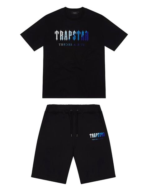 Camiseta para hombre Trapstar t Traje de manga corta con estampado Chenille Chándal Algodón negro London Streetwear bordado trucksuit camiseta de diseñador para hombre S-2xl