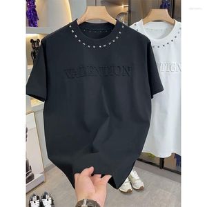 Heren t shirts trendy ruches klinknagel stalen afdichting losse ronde nek korte mouw t-shirt zomer mode all-matching casual kwaliteit modieus